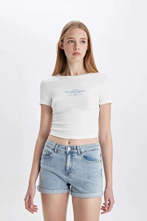 DeFacto Fitted Bisiklet Yaka Baskılı Ribana Kısa Kollu Beyazz Tişört D0346AX24HSWT32