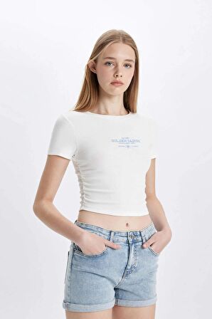DeFacto Fitted Bisiklet Yaka Baskılı Ribana Kısa Kollu Beyazz Tişört D0346AX24HSWT32