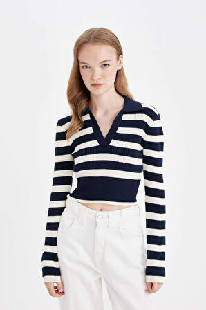 DeFacto Coool Slim Fit Dar Kesim Polo Yaka Çizgili Triko Kazak A2060AX24AUNV31