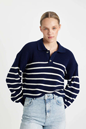 Coool Relax Fit Polo Yaka Yarım Düğmeli Çizgili Triko Kazak