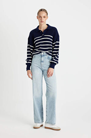 Coool Relax Fit Polo Yaka Yarım Düğmeli Çizgili Triko Kazak