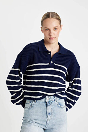 Coool Relax Fit Polo Yaka Yarım Düğmeli Çizgili Triko Kazak