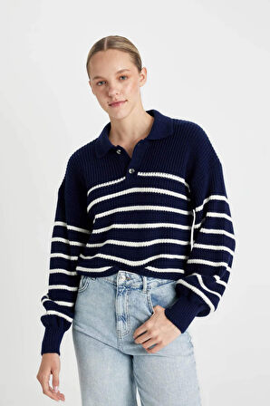 Coool Relax Fit Polo Yaka Yarım Düğmeli Çizgili Triko Kazak