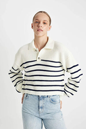 Coool Relax Fit Polo Yaka Yarım Düğmeli Çizgili Triko Kazak