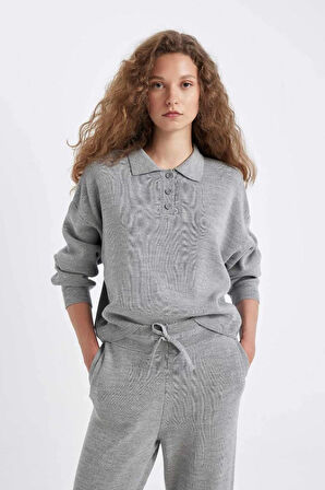 C9223 Coool Regular Fit Polo Yaka Düğmeli Basic Düz Triko Kazak