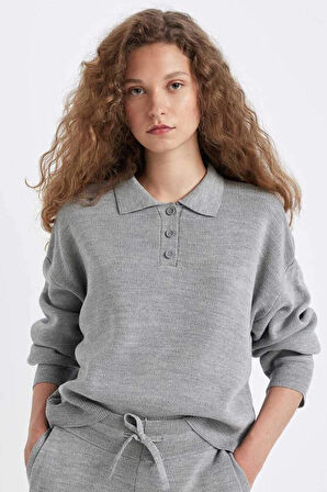 C9223 Coool Regular Fit Polo Yaka Düğmeli Basic Düz Triko Kazak