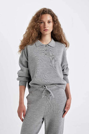 C9223 Coool Regular Fit Polo Yaka Düğmeli Basic Düz Triko Kazak