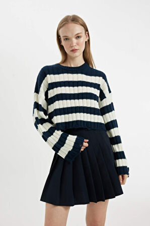 DeFacto Regular Fit Çizgili Bisiklet Yaka Crop Triko Kazak A8152AX24WNNV135