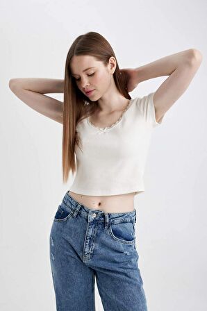 DeFacto Fitted U Yaka Fitilli Kaşkorse Kısa Kollu Tişört D0478AX24HSWT32