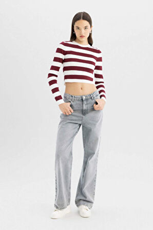 Coool Slim Fit Dar Kesim Çizgili Bisiklet Yaka Triko Kazak