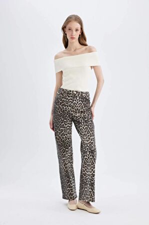 DeFacto Straight Fit Leopar Desenli Yüksek Bel Cepli Uzun Gabardin Pantolon D1229AX24SMBG307