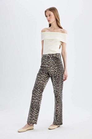 DeFacto Straight Fit Leopar Desenli Yüksek Bel Cepli Uzun Gabardin Pantolon D1229AX24SMBG307