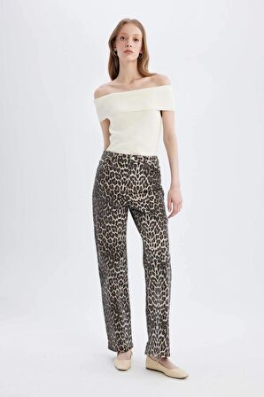 DeFacto Straight Fit Leopar Desenli Yüksek Bel Cepli Uzun Gabardin Pantolon D1229AX24SMBG307