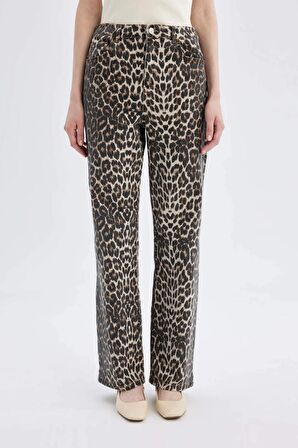 DeFacto Straight Fit Leopar Desenli Yüksek Bel Cepli Uzun Gabardin Pantolon D1229AX24SMBG307