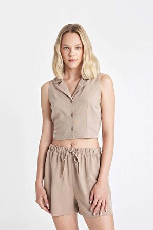 DeFacto Fitted Pijama Yaka Keten Karışımlı Kolsuz Gömlek A6858AX24HSBG245