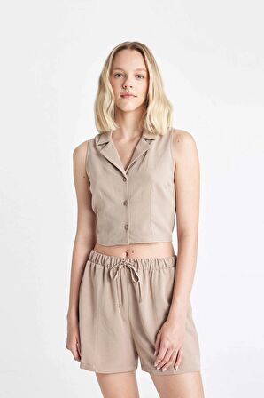 DeFacto Fitted Pijama Yaka Keten Karışımlı Kolsuz Gömlek A6858AX24HSBG245