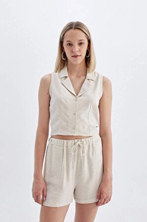 DeFacto Fitted Pijama Yaka Keten Karışımlı Kolsuz Gömlek A6858AX24HSER78
