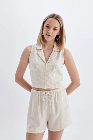 DeFacto Fitted Pijama Yaka Keten Karışımlı Kolsuz Gömlek A6858AX24HSER78