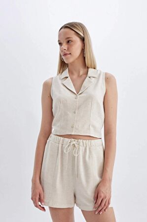 DeFacto Fitted Pijama Yaka Keten Karışımlı Kolsuz Gömlek A6858AX24HSER78