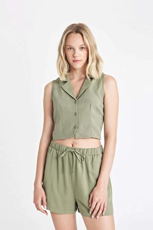 DeFacto Fitted Pijama Yaka Keten Karışımlı Kolsuz Gömlek A6858AX24HSKH461