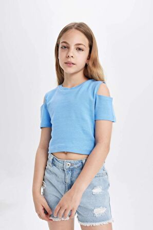 DeFacto Kız Çocuk Slim Fit Dar Kesim Bisiklet Yaka Basic Düz Ribana Kısa Kollu Tişört C9714A824HSBE194