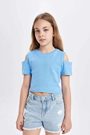 DeFacto Kız Çocuk Slim Fit Dar Kesim Bisiklet Yaka Basic Düz Ribana Kısa Kollu Tişört C9714A824HSBE194
