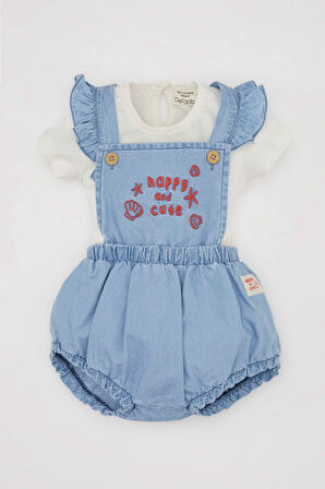 DeFacto Kız Bebek 2'li Takım Kısa Kollu Tişört Üst Yumuşak Nakışlı Jean Tulum D0790A524HSBE394