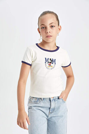 DeFacto Kız Çocuk Disney Mickey & Minnie Bisiklet Yaka Ribana Kısa Kollu Tişört C7355A824AUER99