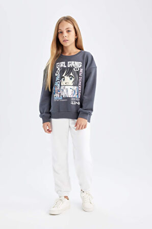 DeFacto Kız Çocuk Antrasit Oversize Geniş Kalıp Bisiklet Yaka Baskılı Sweatshirt D0610A824AUAR31
