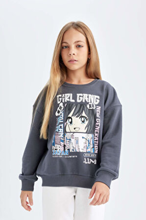 DeFacto Kız Çocuk Antrasit Oversize Geniş Kalıp Bisiklet Yaka Baskılı Sweatshirt D0610A824AUAR31