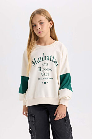 DeFacto Kız Çocuk Oversize Geniş Kalıp Bisiklet Yaka Baskılı Sweatshirt D1106A824AUER233