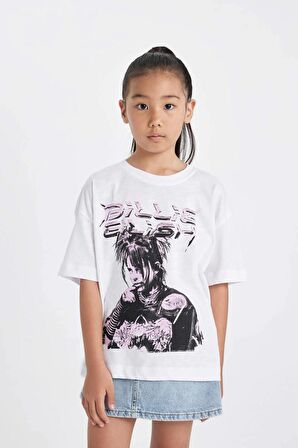 DeFacto Kız Çocuk Billie Eilish Relax Fit Bisiklet Yaka Kısa Kollu Tişört C9429A824HSWT34