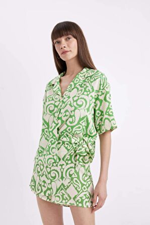 DeFacto Regular Fit Desenli Pijama Yaka Kısa Kollu Gömlek C3389AX24SMGN730