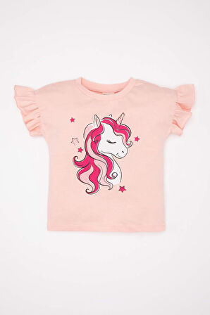 Kız Bebek Bisiklet Yaka Unicorn Baskılı Kısa Kollu Tişört