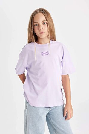 DeFacto Kız Çocuk Oversize Geniş Kalıp Bisiklet Yaka Baskılı Kısa Kollu Tişört D0871A824HSPR67