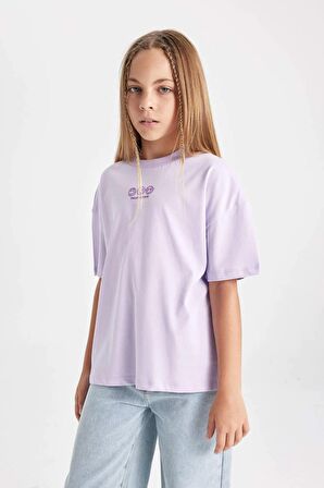 DeFacto Kız Çocuk Oversize Geniş Kalıp Bisiklet Yaka Baskılı Kısa Kollu Tişört D0871A824HSPR67