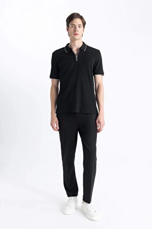 DeFacto Slim Fit Dar Kesim Kısa Kollu Fitilli Kaşkorse Yarım Fermuarlı Siyah Polo Tişört D3948AX24SMBK81
