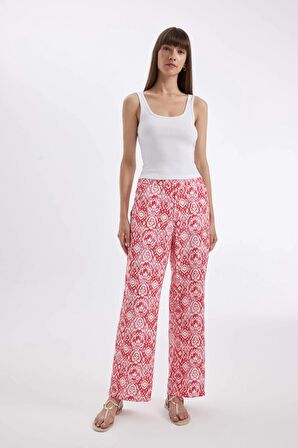 DeFacto Straight Fit Desenli Cepli Yüksek Bel Geniş Paça Kumaş Pantolon D3173AX24HSPN324