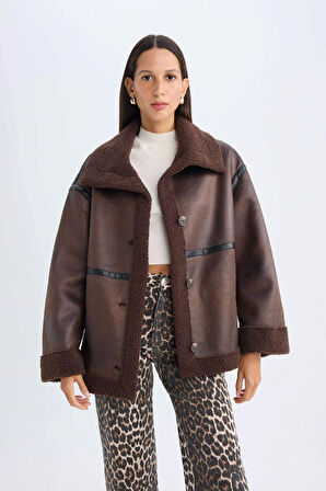 Relax Fit Polo Yaka Düğme Kapamalı Cepli Mevsimlik Pelüş Astarlı Mont