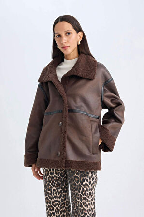 Relax Fit Polo Yaka Düğme Kapamalı Cepli Mevsimlik Pelüş Astarlı Mont