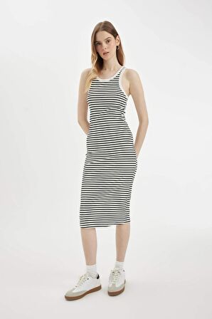 DeFacto Bodycon Halter Yaka Çizgili Fitilli Kaşkorse Kolsuz Midi Elbise C8845AX24SMWT32