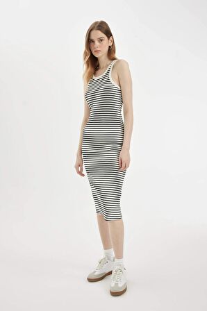DeFacto Bodycon Halter Yaka Çizgili Fitilli Kaşkorse Kolsuz Midi Elbise C8845AX24SMWT32