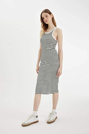 DeFacto Bodycon Halter Yaka Çizgili Fitilli Kaşkorse Kolsuz Midi Elbise C8845AX24SMWT32