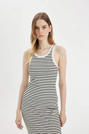 DeFacto Bodycon Halter Yaka Çizgili Fitilli Kaşkorse Kolsuz Midi Elbise C8845AX24SMWT32