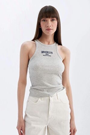 Slim Fit Baskılı Halter Yaka Fitilli Kaşkorse Atlet