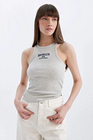 Slim Fit Baskılı Halter Yaka Fitilli Kaşkorse Atlet