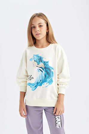 DeFacto Kız Çocuk Ekru Frozen Relax Fit Bisiklet Yaka Sweatshirt D1119A824AUER99