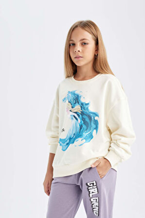 DeFacto Kız Çocuk Ekru Frozen Relax Fit Bisiklet Yaka Sweatshirt D1119A824AUER99