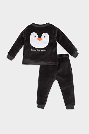 Erkek Bebek Penguen Desenli Uzun Kollu Velur 2'li Pijama Takımı