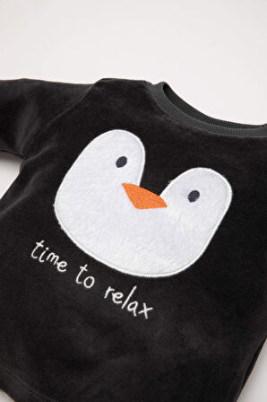 Erkek Bebek Penguen Desenli Uzun Kollu Velur 2'li Pijama Takımı